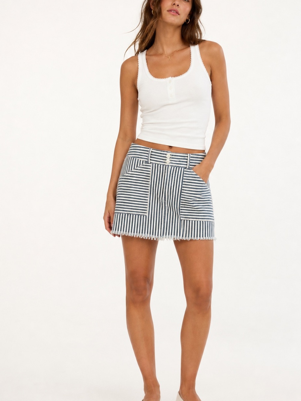 NWT Self Contrast Striped Denim Mini Skirt with Patch Pockets - Blue/White